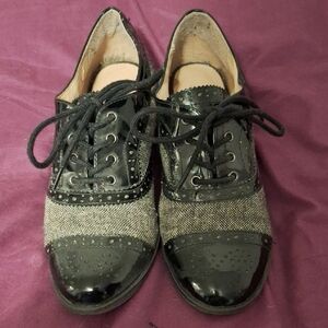 Black patent and charcoal patterned Oxfords